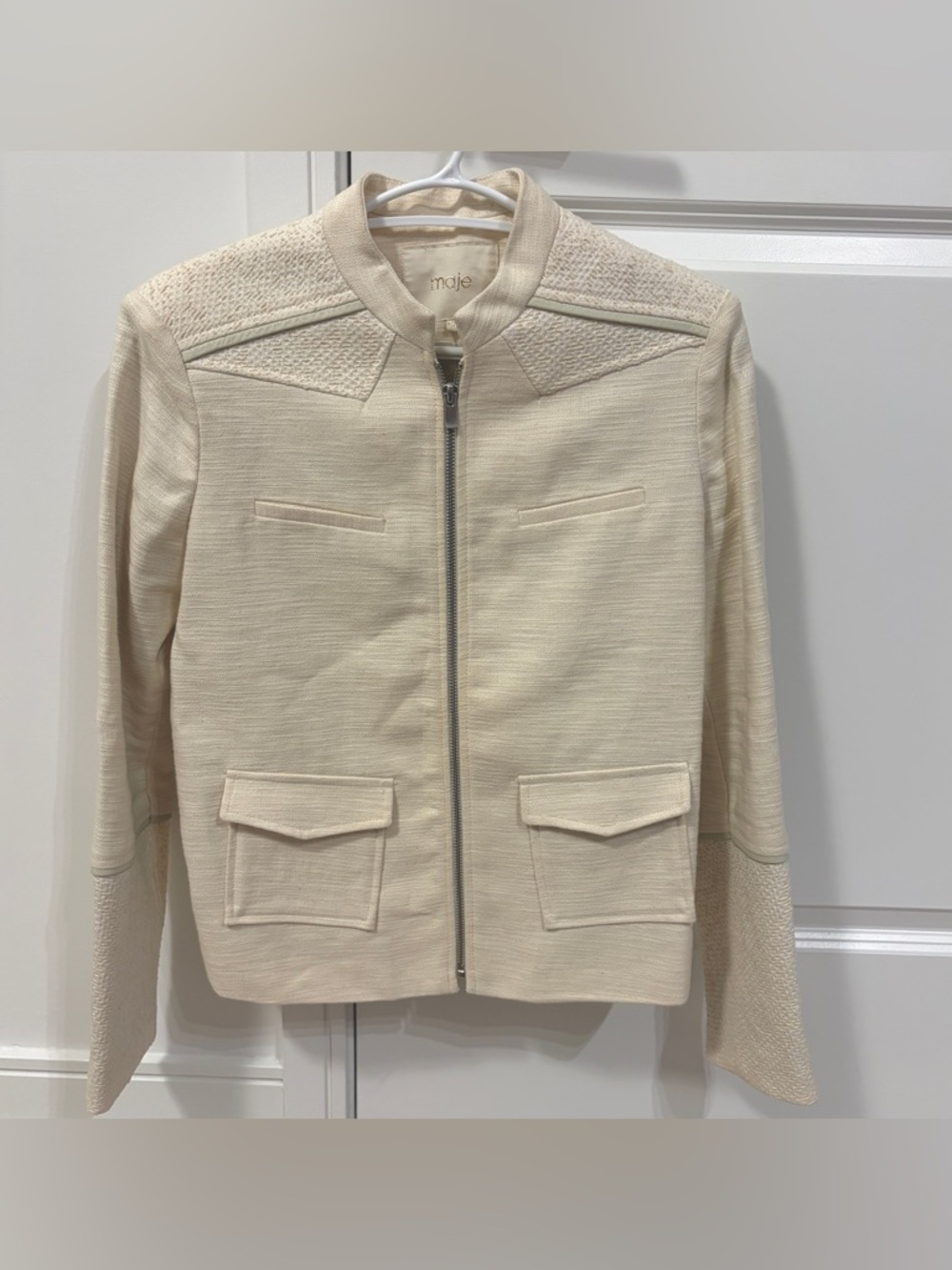 Maje beige cream tweed jacket beige with calfskin leather trim